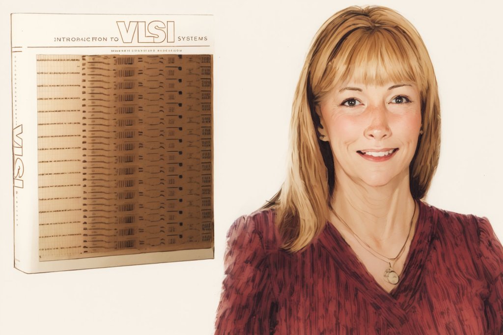 Illustration of Lynn Conway and a copy of her textbook with Carver Mead: Introduction to VLSI Systems. Image created with Stable Diffusion.