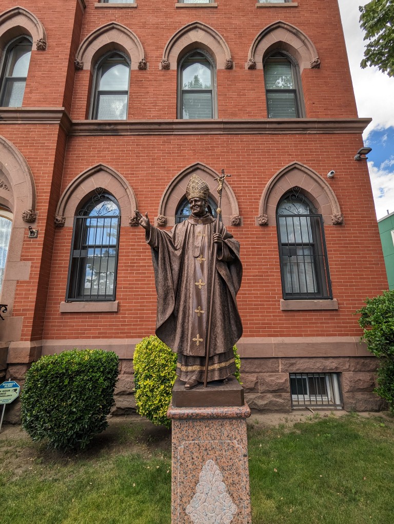Statue of Pope John Paul II outside the rectory of Our Lady of Częstochowa-St Casimir Parish Church in Brooklyn, New York.