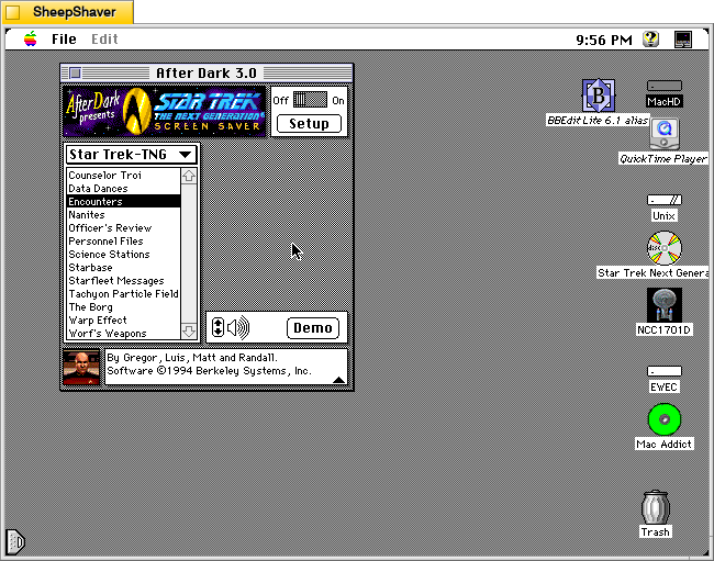 After Dark 3.0 control panel on MacOS 7.5.5 showing Star Trek: The Next Generation modules.