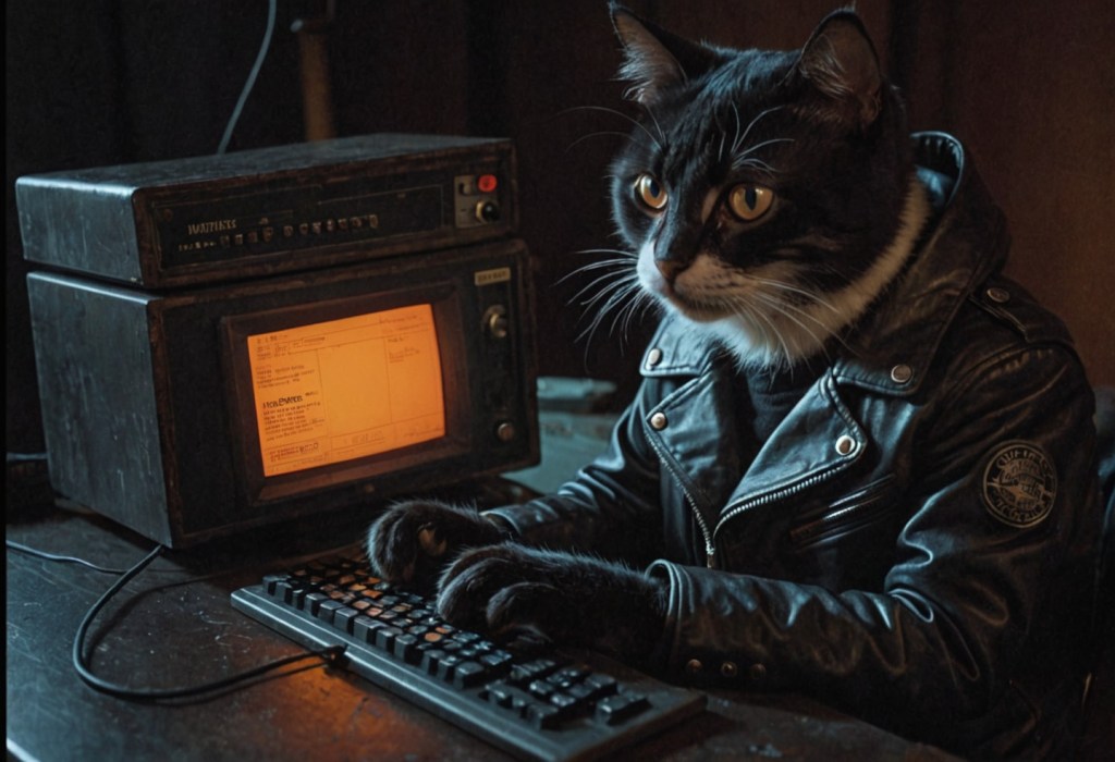 Anthropomorphic cat typing on a keyboard connected to a cube-shaped computer with built-in CRT Hercules monitor. Image created with Stable Diffusion.