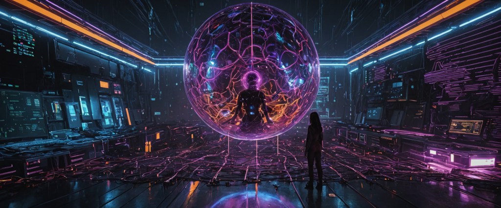 A cyberpunk scene of a floating AI in the center of a computer room and a woman standing to one side of it looking up. Image created with Stable Diffusion.