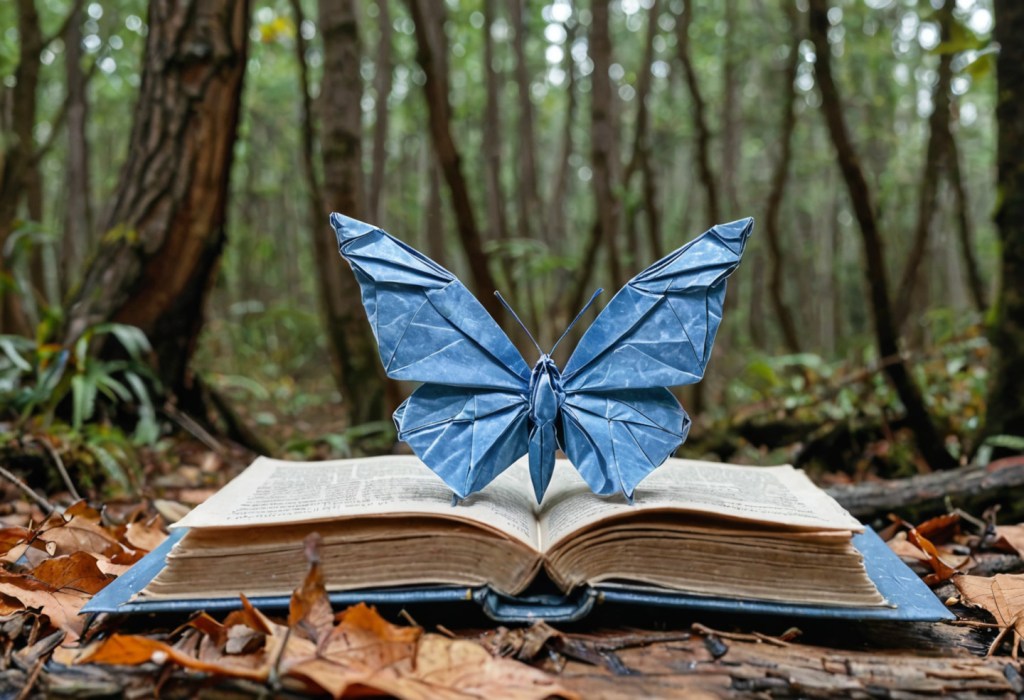 a ulysses butterfly folded origami style out of paper, resting on a book, in a wooded area. Image created with Stable Diffusion.