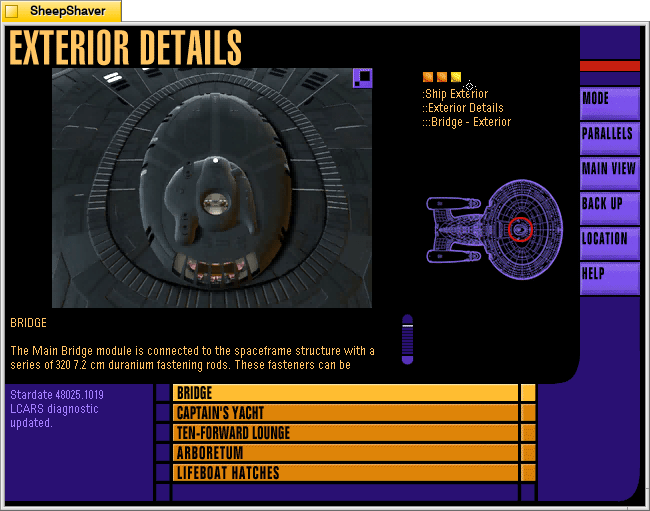 Star Trek: The Next Generation Interactive Technical Manual, Bridge Exterior Details screen.