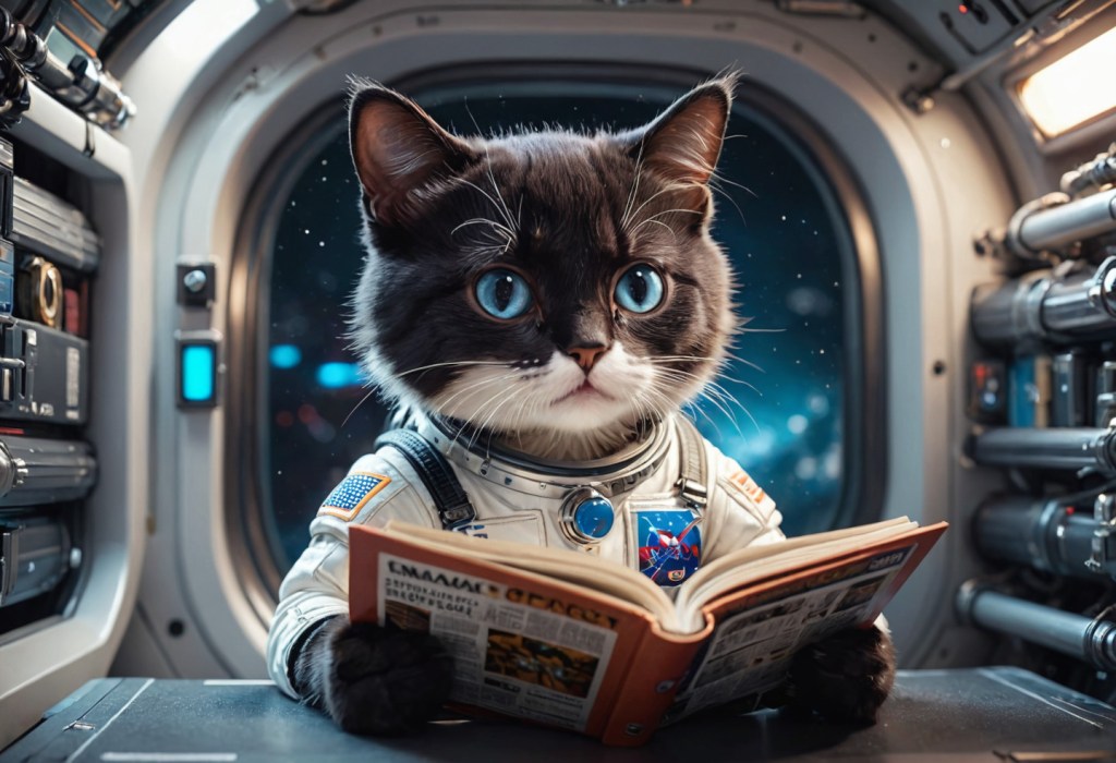 Tuxedo Cat Astronaut Reading Science Fiction on a Space Station Created with Stable Diffusion