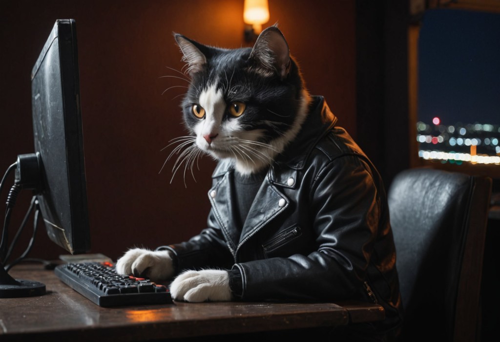 An anthropomorphic tuxedo cat wearing a leather jacket is working at a computer terminal. Image created with Stable Diffusion.