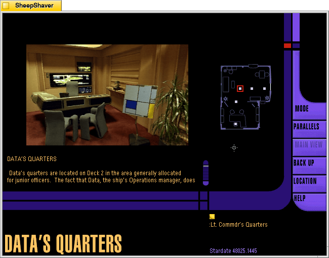 Screenshot from the Star Trek: The Next Generation Interactive Technical Manual of Lt. Cmd. Data's quarters where Mondrian's "Tableau I" is seen on an easel. 