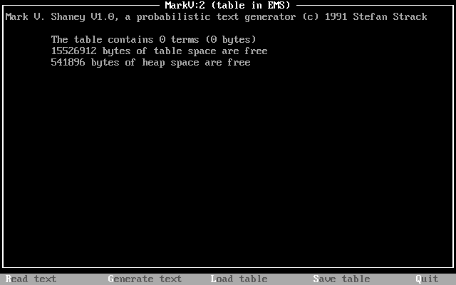 Mark V. Shaney v.1.0 running in DOSBox.