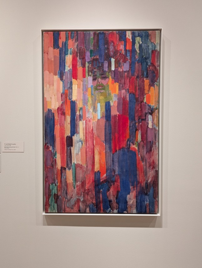 Painting of a face showing through bright vertical lines.