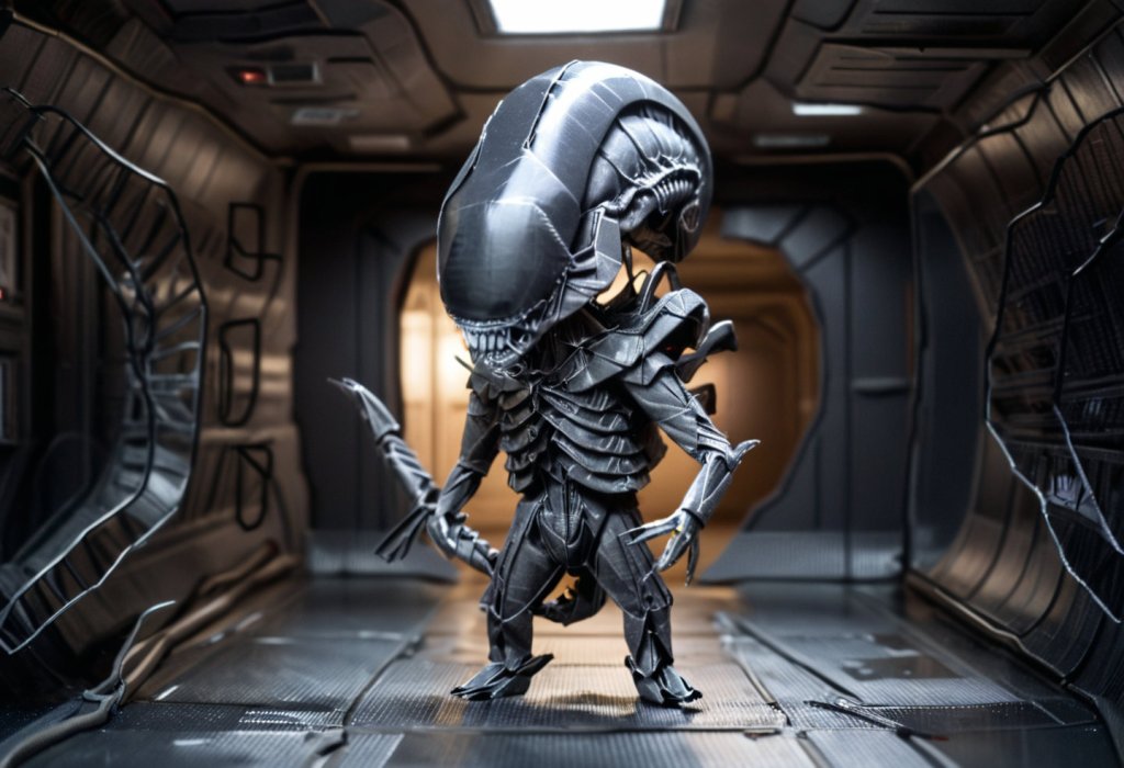 xenomorph alien made out of paper in origami style. Image created with Stable Diffusion.