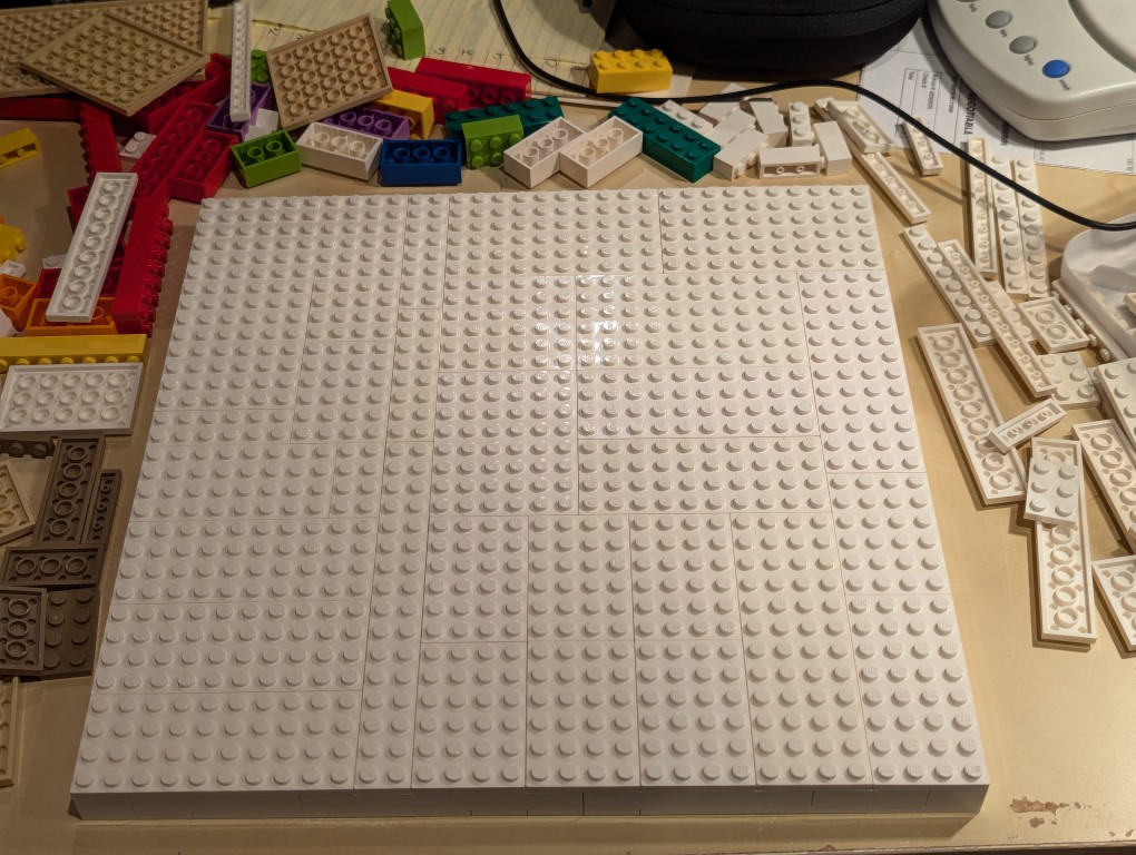 LEGO white 32x32 canvas completed studs up