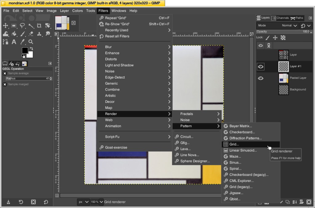 GIMP screenshot with Mondrian painting with Filters menu open