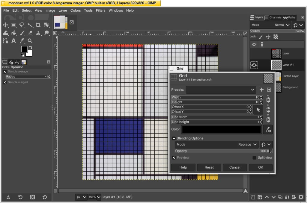 GIMP screenshot with Mondrian painting with Grid window open