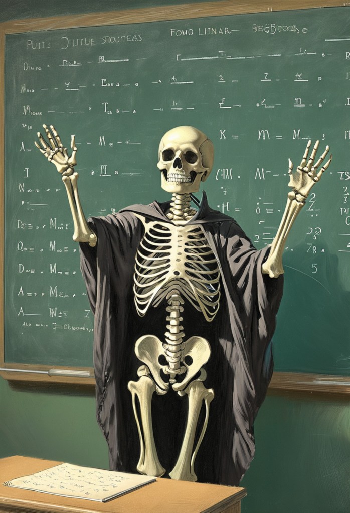 skeleton wearing a professor's robe standing in front of a chalkboard covered in equations