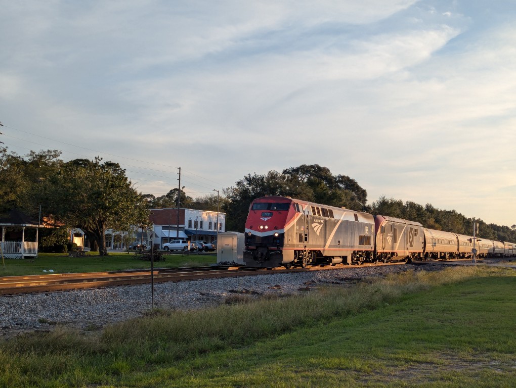 a passenger amtrak train approaching the station in jesup georgia