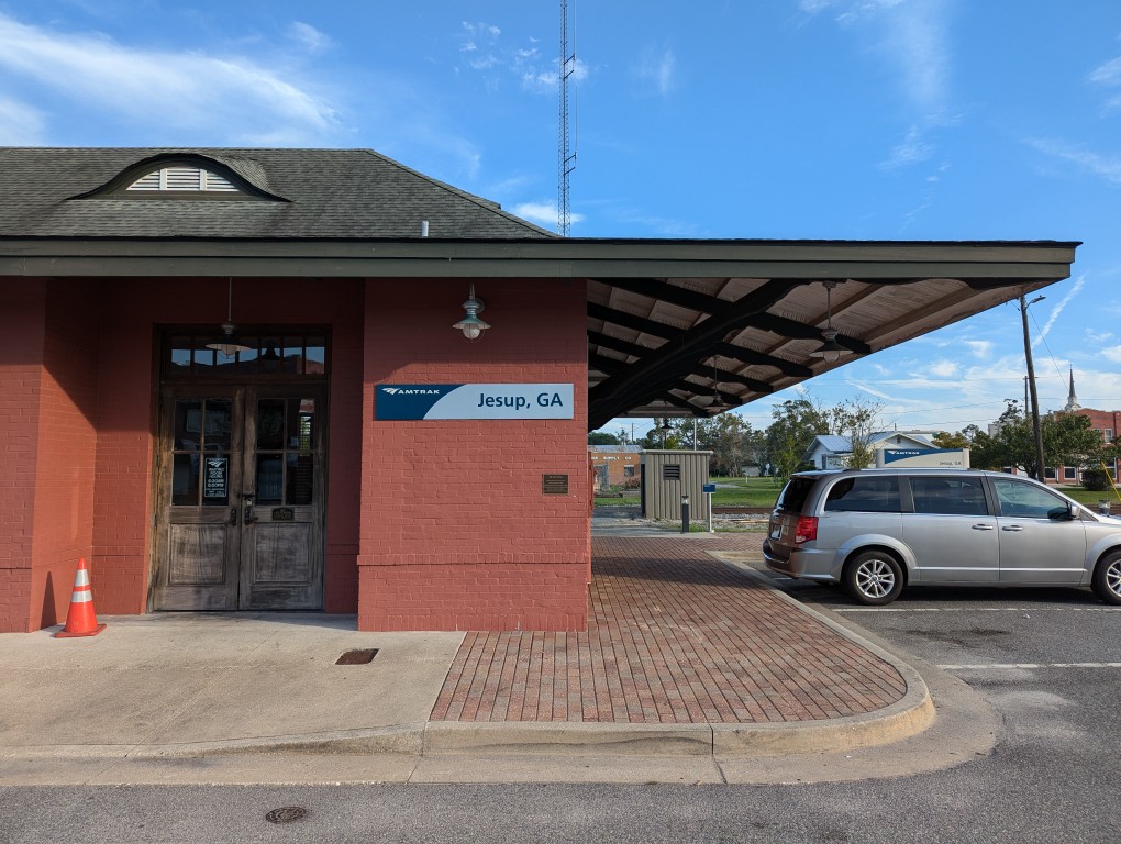amtrak train station in jesup georgia--a long brick building with a low ranch roof