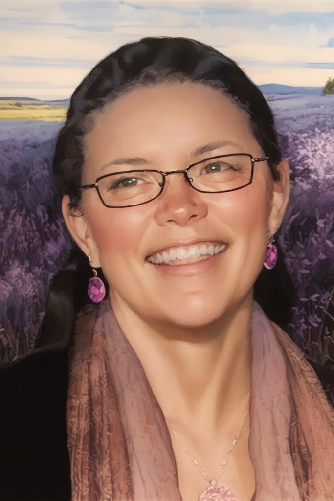 Illustration of a woman with black hair and wearing glasses is smiling. A field of grass and flowers is in the background. 