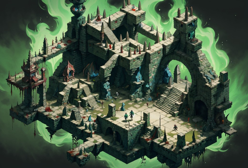 isometric view of an rpg dungeon with creatures moving around and an ethereal green flame in the background