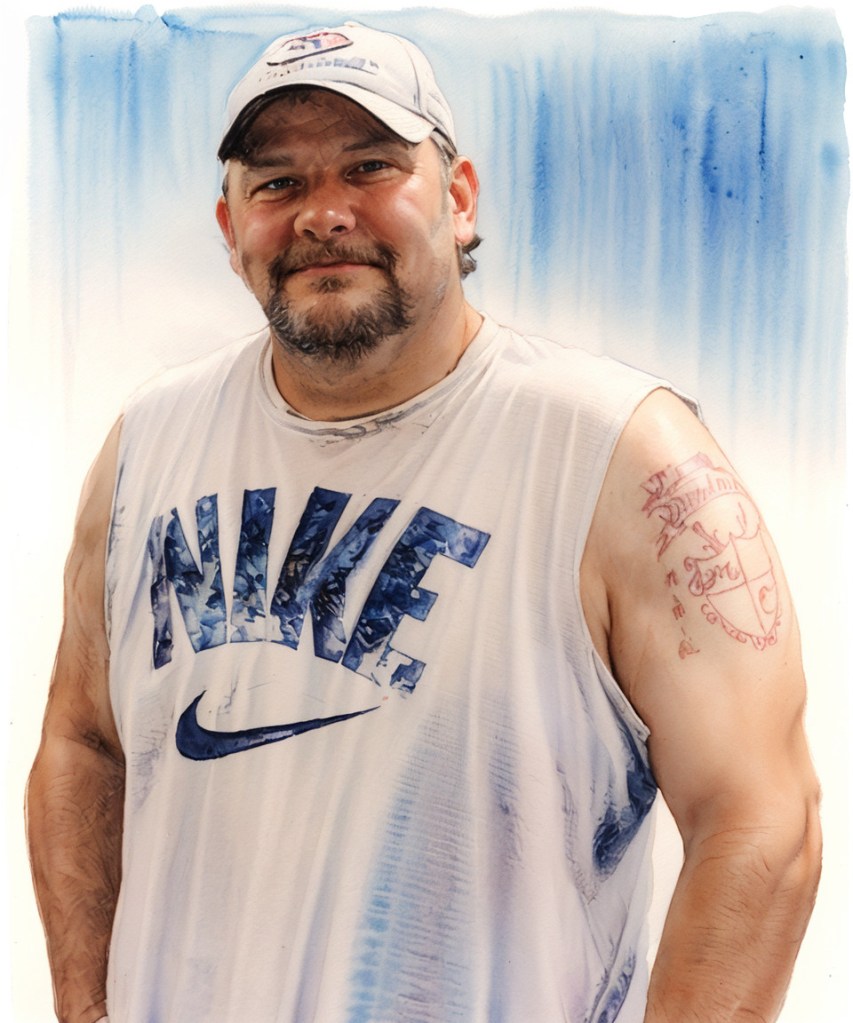 a watercolor illustration of a man wearing a hat and nike tank top. has a tattoo on his arm.