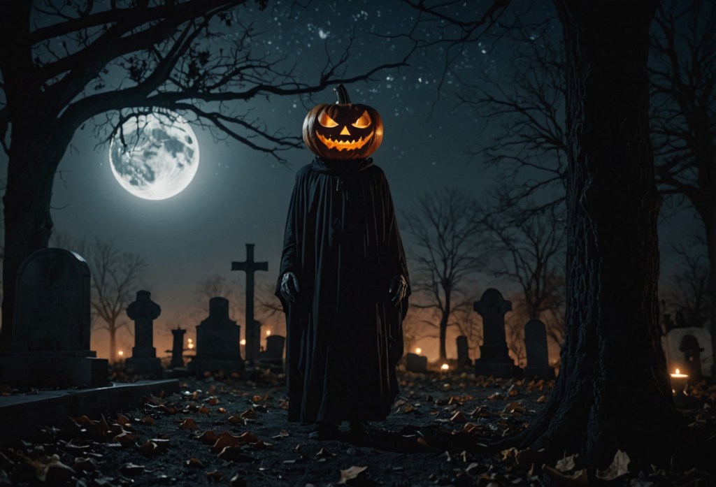 cloaked skeletal figure with a pumpkin for a head, standing in a graveyard, full moon in the sky