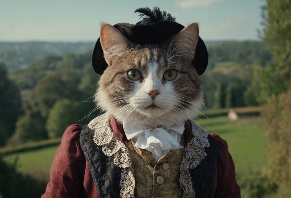 an anthropomorphic cat wearing 18th century garb in front of a background of rolling hills and trees