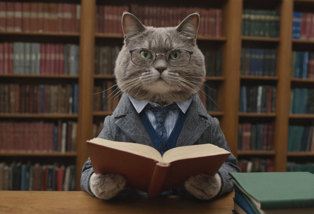 an anthropomorphic cat professor is reading books in a library
