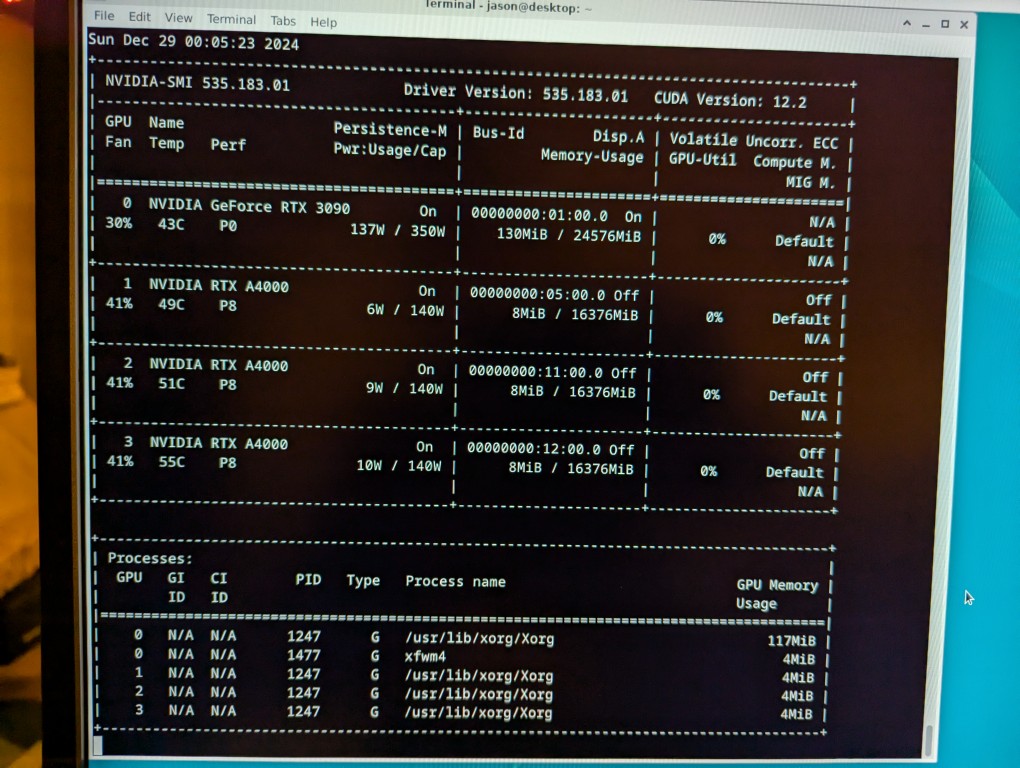 nvidia-smi screen indicating the presence of four video cards: RTX 3090 and 3x A4000s