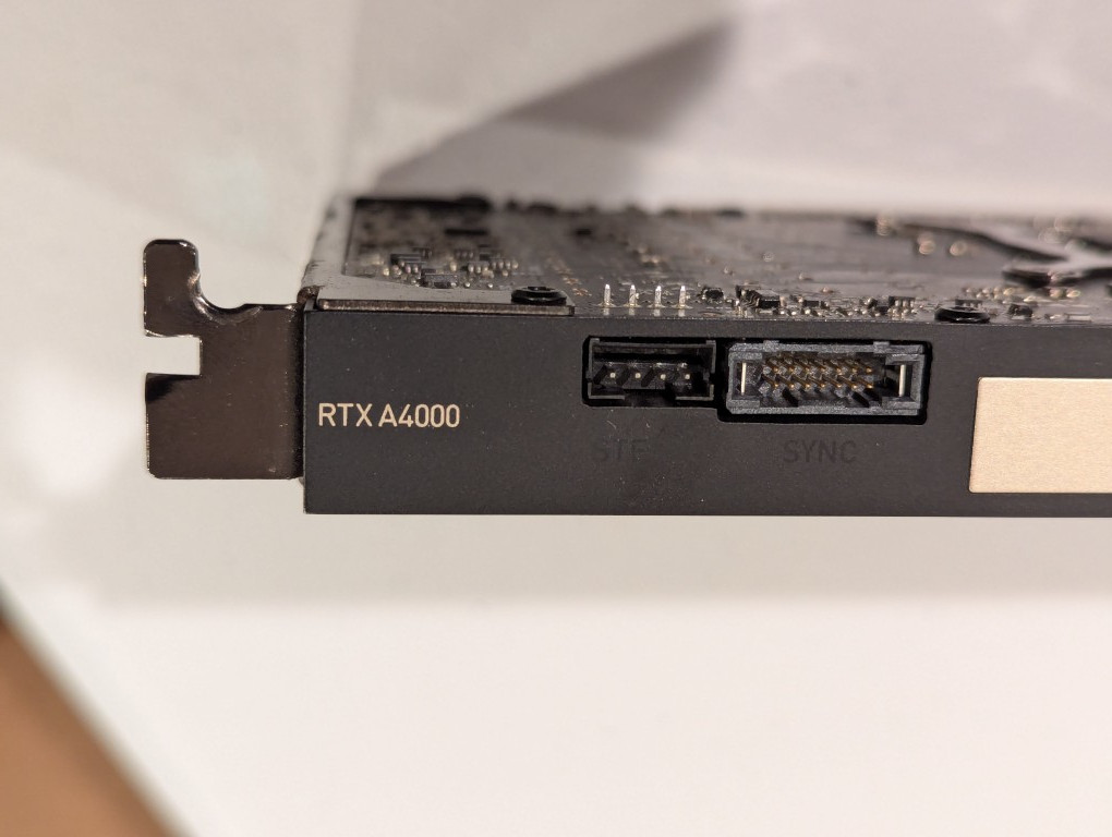 close up of corner of single slot RTX A4000 logo on top edge of video card