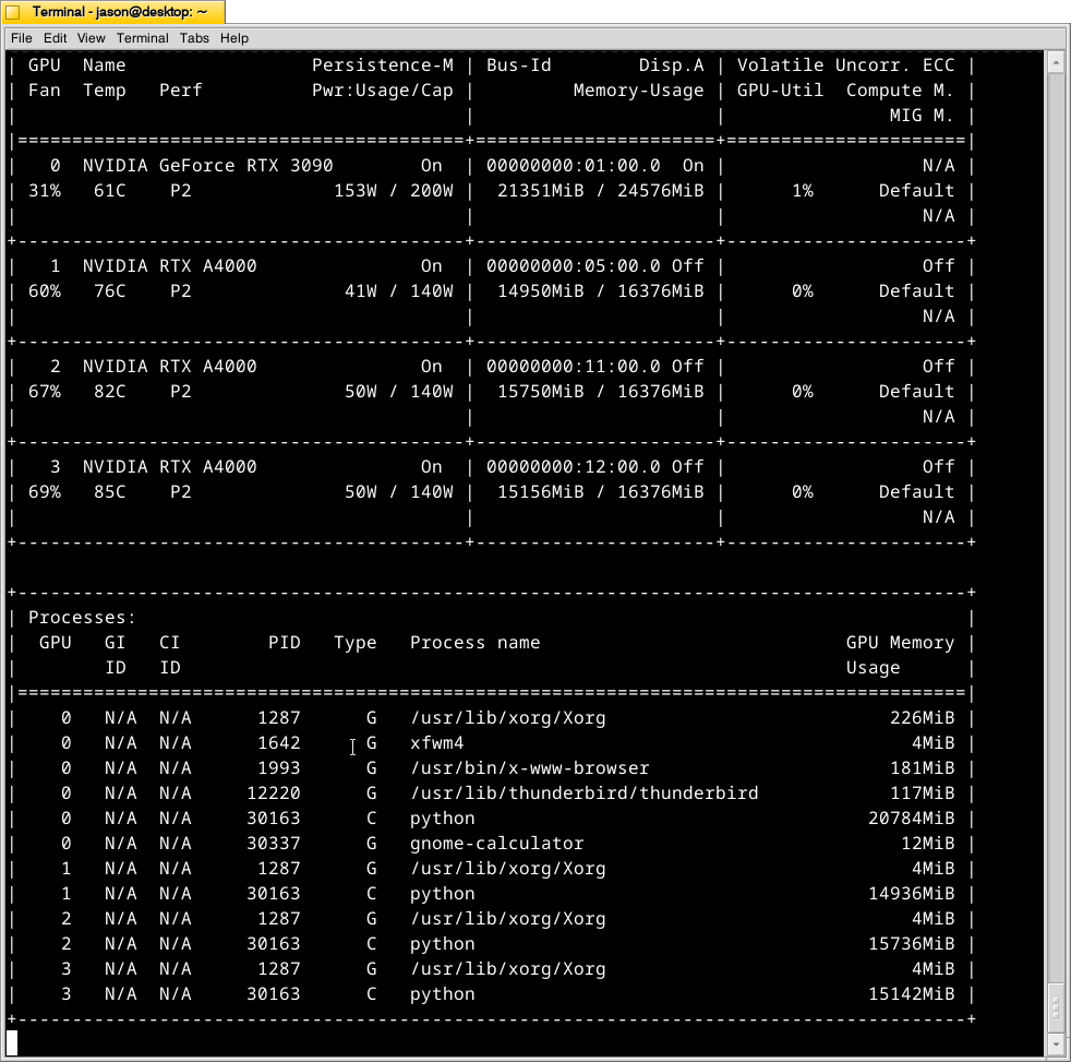 nvidia-smi screen reporting higher temperatures in each lower video card in the system than the one above it