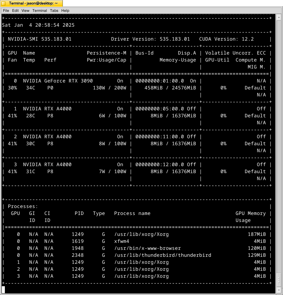 terminal window with nvidia-smi output of four video cards with lower temperatures and low power draw