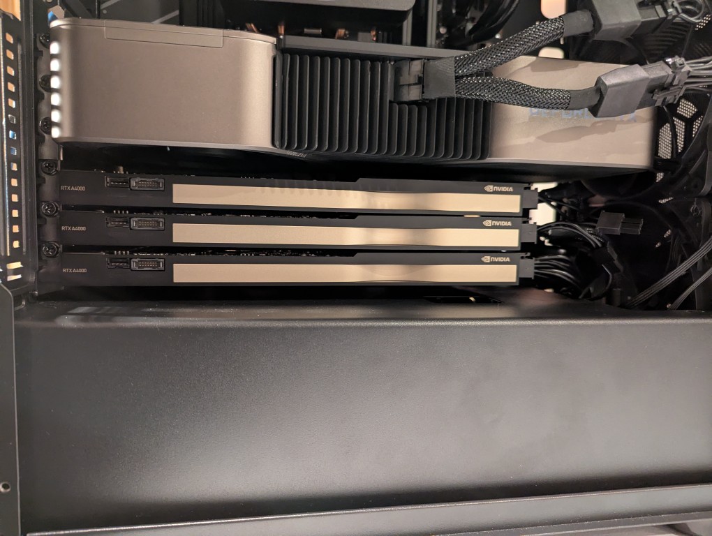 four installed NVIDIA video cards: 3090 FE and 3 x A4000