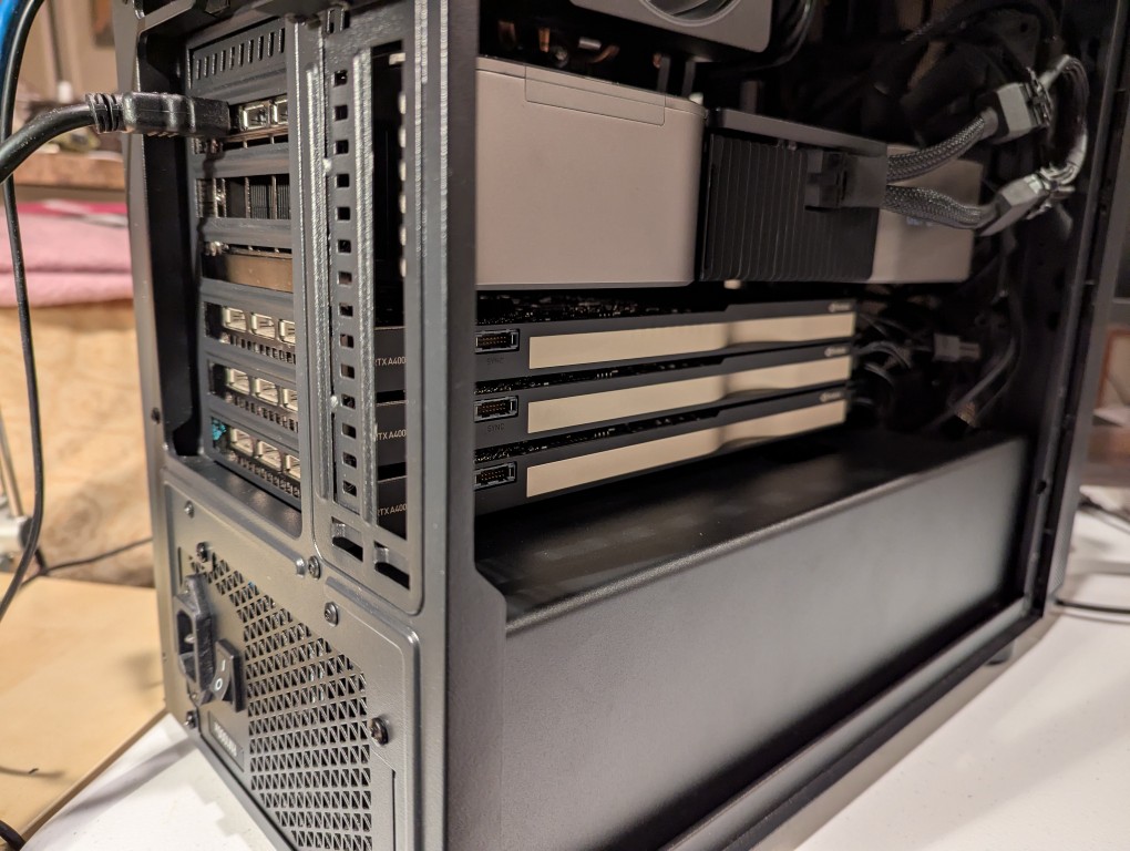 computer case with four video cards before installing slot exhaust fan