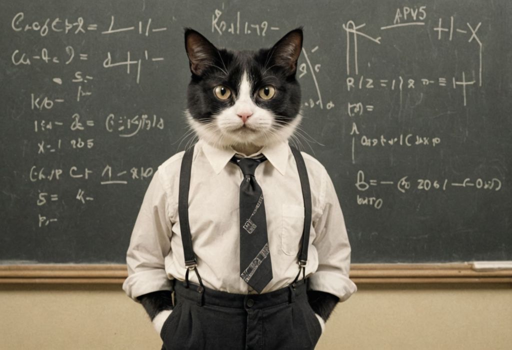 an anthropomorphic tuxedo cat wearing pants, shirt, suspenders, and tie, standing in front of a chalkboard covered in equations