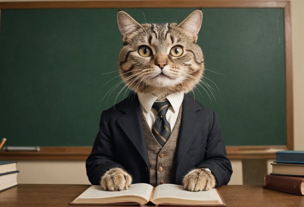anthropomorphic cat professor lecturing in front of a chalkboard with a book under his paws