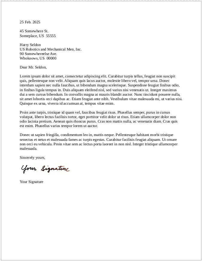 screenshot of a business letter featuring what appears to be a real signature but is in fact an image of a handwritten signature