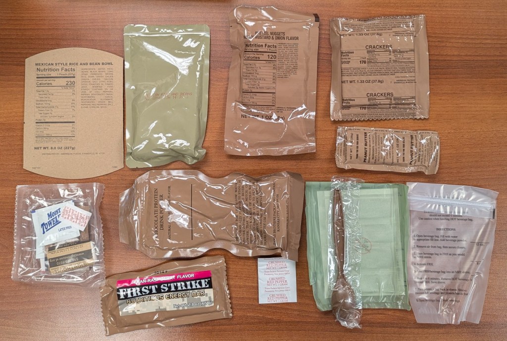 plastic and foil pouches of food from an MRE