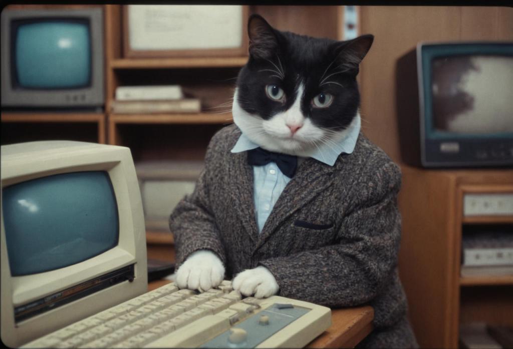 anthropomorphic black and white cat wearing a suit is standing next to a retro computer's keyboard and CRT monitor, more computers are see on shelves in the background