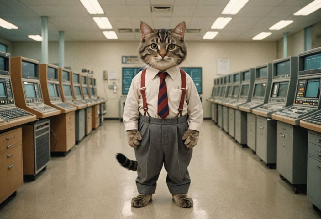 an anthropomorphic cat professor wearing a shirt, tie, suspenders, and pants is standing in the middle of a vintage computing room lined with minicomputers and a chalkboard is in the background on the wall