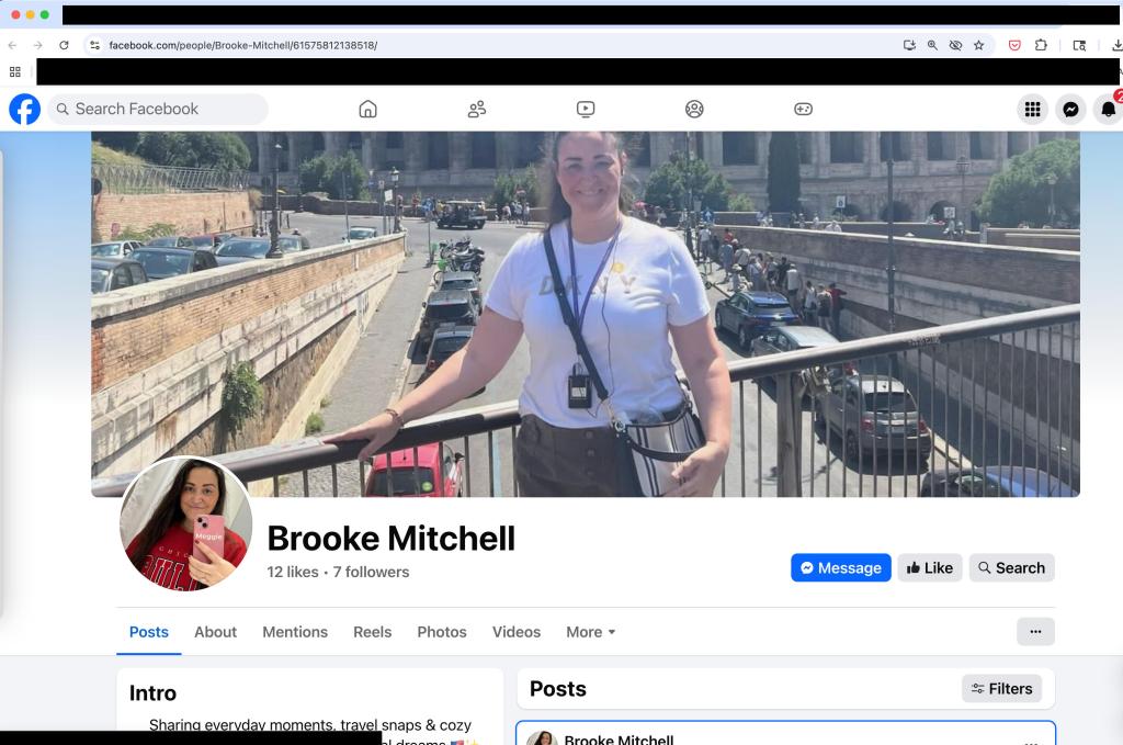 Facebook profile of "Brooke Mitchell" shows a young woman standing above a busy street and an avatar of her wearing a red hoodie taking a selfie with a cell phone