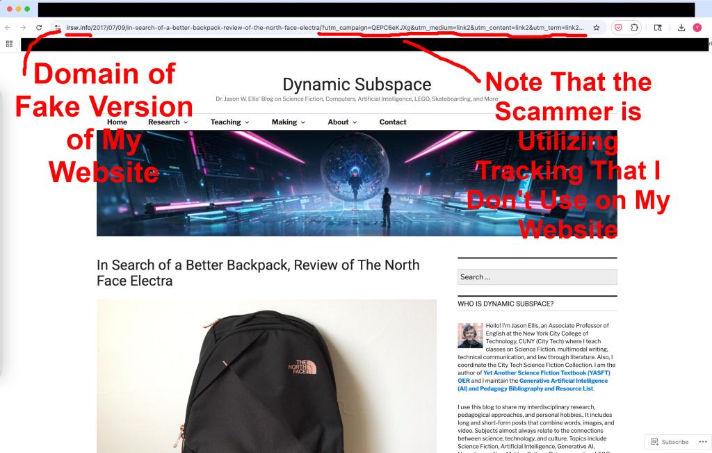 a screenshot of the "In Search of a Better BAckpack, Review of the North Face Electra" from dynamicsubspace.net but hosted on a fake website that looks identical to dynamicsubspace.net