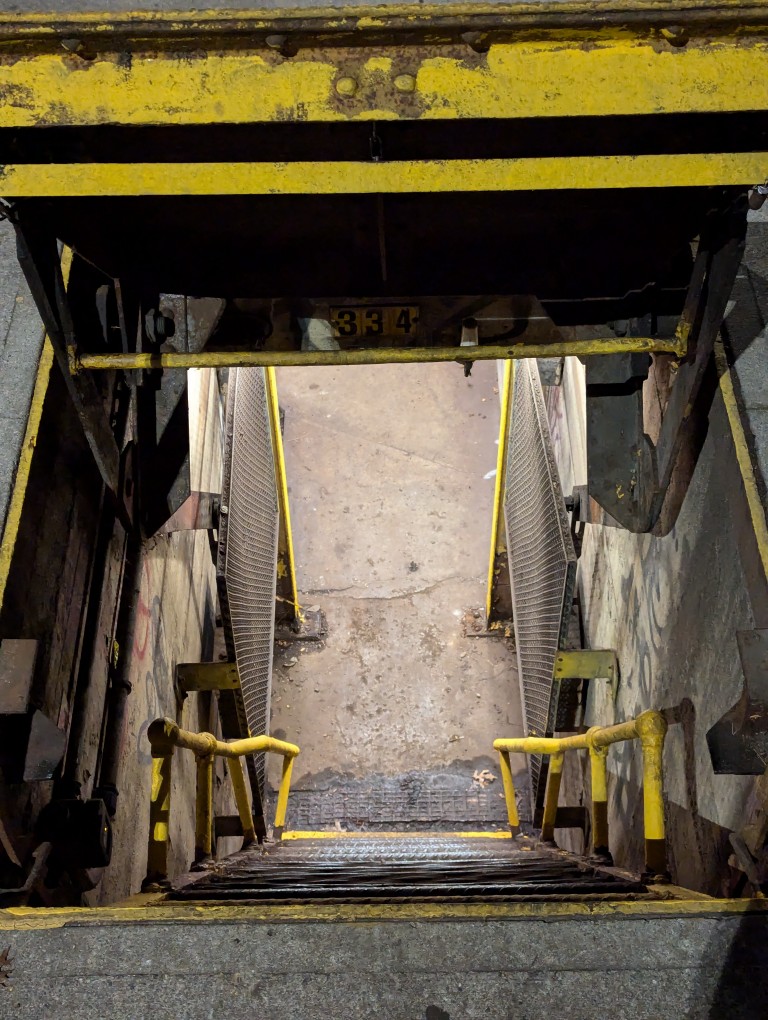 peering into the passageway under the sidewalk and the steep metal steps going down about 10 feet