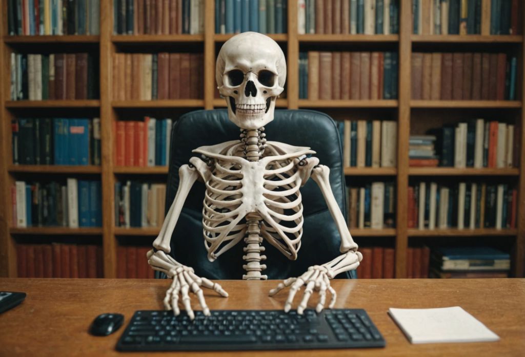 a skeleton is sitting in an office chair at a desk and typing on a keyboard, pov of webcam, bookshelves with books in background, image created with stable diffusion