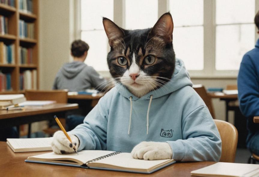 an anthropomorphic tabby cat wearing a blue sweatshirt is writint notes in a notebook in a library