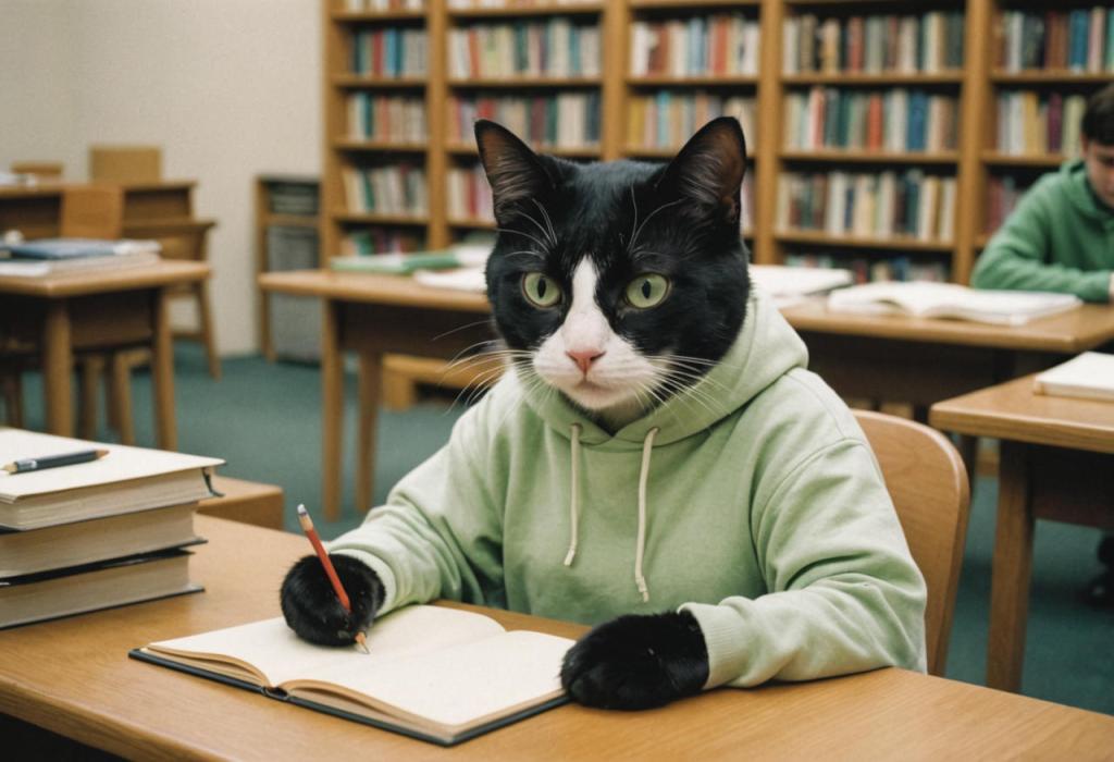 an anthropomorphic tuxedo cat wearing a green sweatshirt is writint notes in a notebook in a library