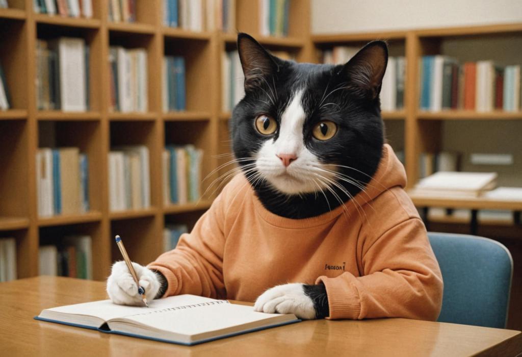 an anthropomorphic tuxedo cat wearing an orange sweatshirt, sitting at a desk in a library writing in a notebook