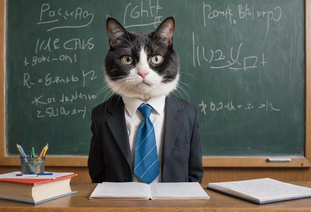 an anthropomorphic cat as a professor dressed in a suit and standing in front of a chalkboard