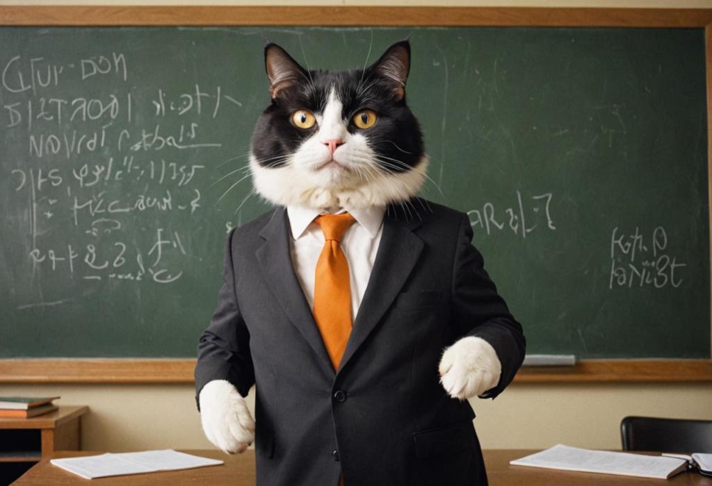 an anthropomorphic cat as a professor wearing a suit and orange tie standing in front of a chalkboard in a classroom