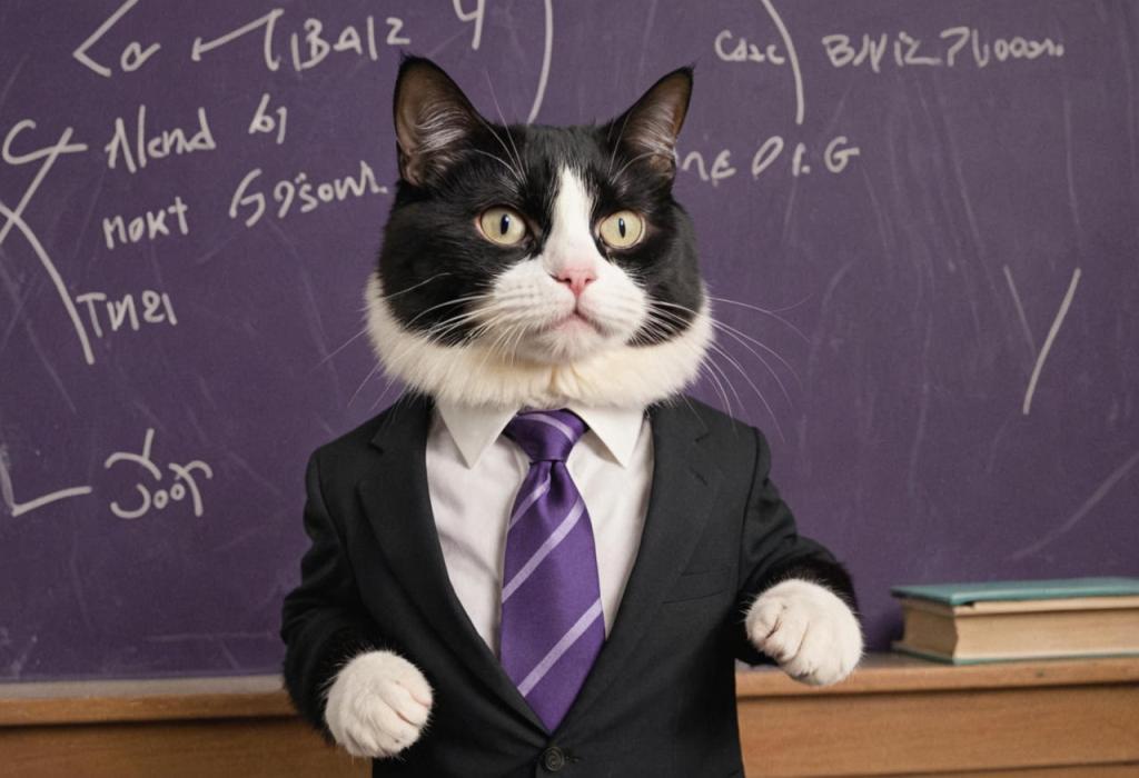 an anthropomorphic cat as a professor wearing a suit and standing in front of a chalkboard