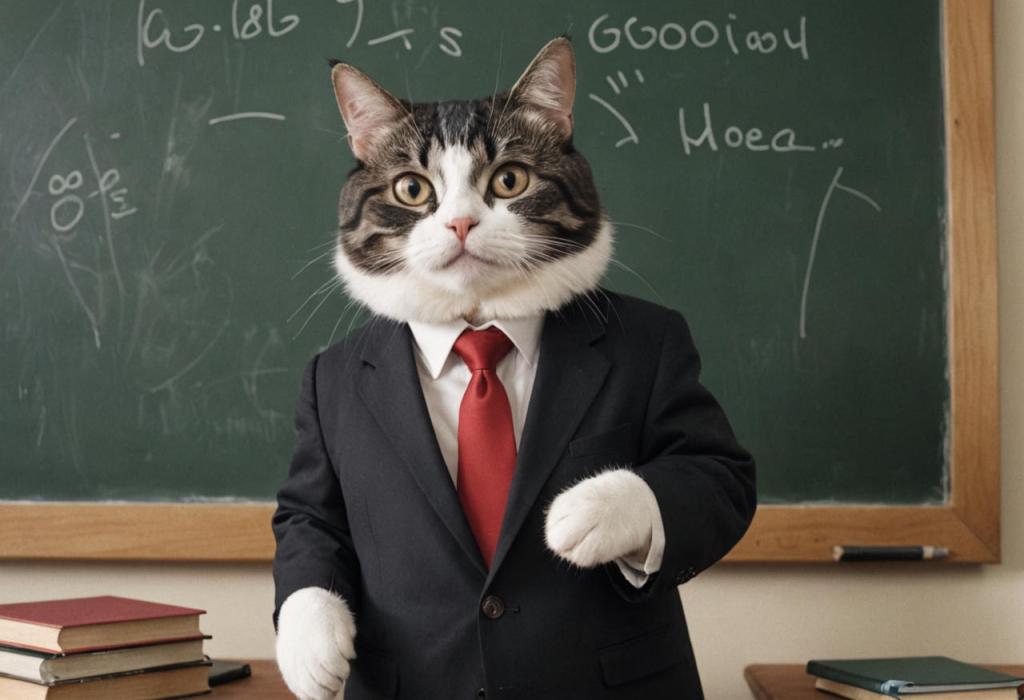 an anthropomorphic cat as a professor in a business suit lecturing in front of a classroom with a chalkboard behind him