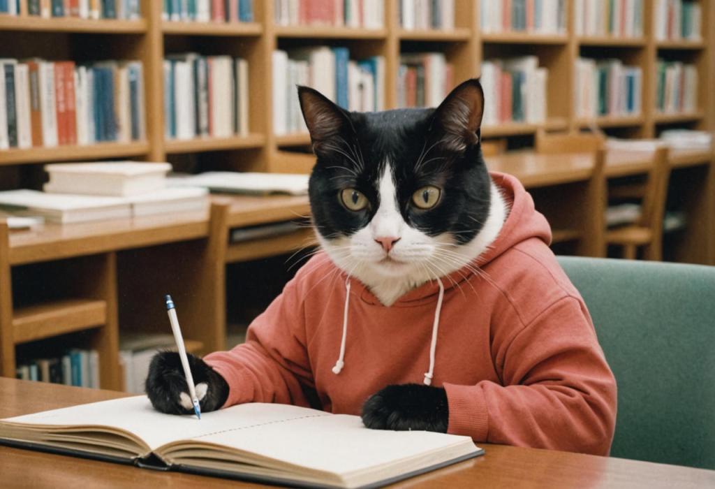 an anthropomorphic tuxedo cat wearing a sweatshirt and writing in a notebook in a library