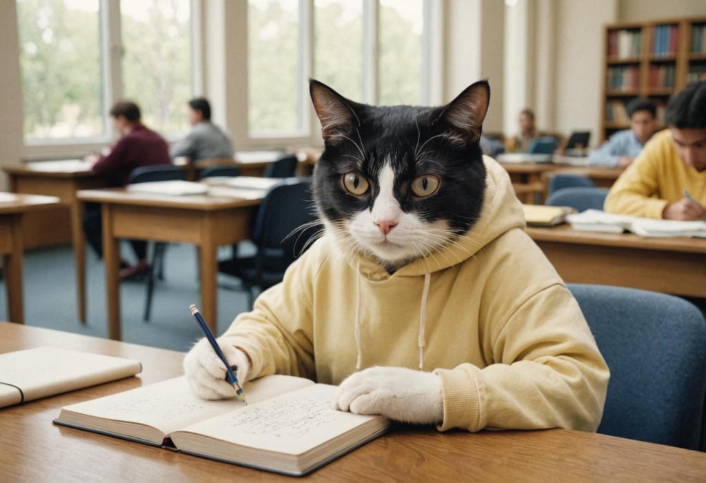 anthropomorphic tuxedo cat wearing a yellow sweatshirt, sitting at a desk in a library, writing in a notebook, other students sitting at desks working in the background